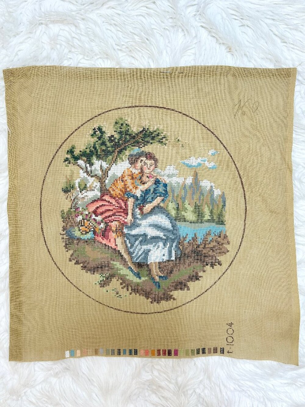 Vintage Needlepoint Canvas - European Rococo Period Pastoral Scene